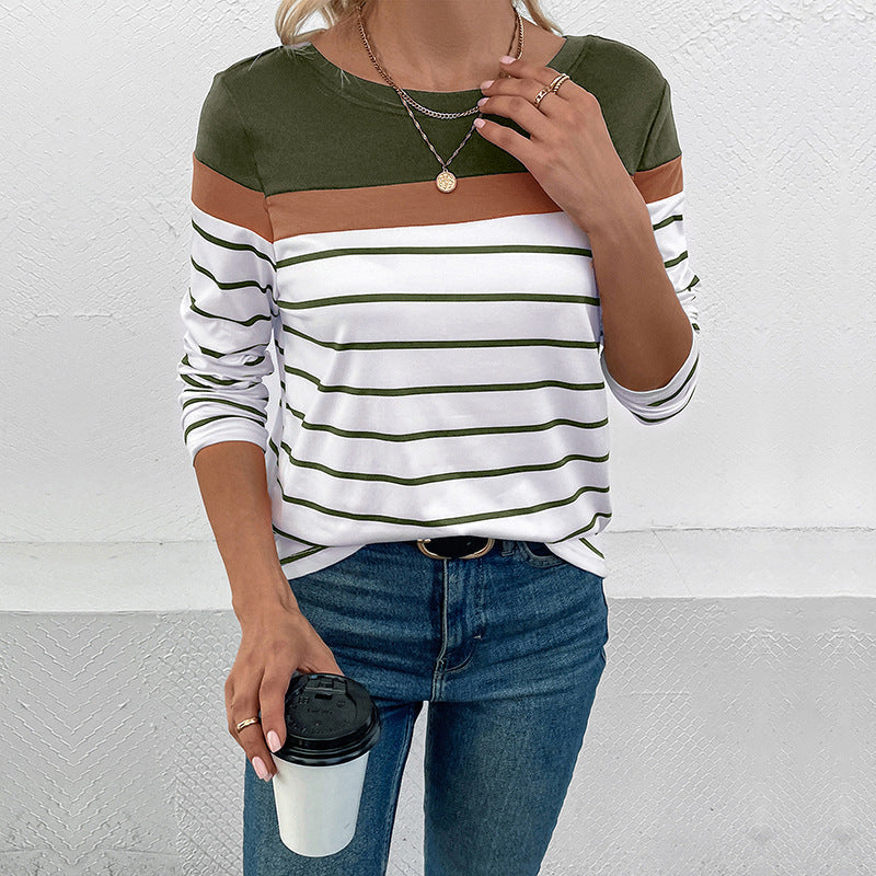 Women Striped Long Sleeve Shirt with Color Block Detail and Round Neckline Mune Fashion
