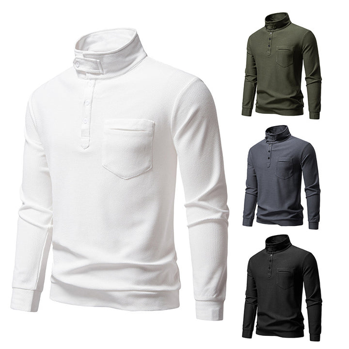 Men's Textured Waffle Knit Henley Shirt with High Collar, Button Placket and Chest Pocket Mune Fashion