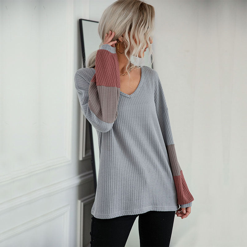 Women’s Casual Waffle Knit Tunic Shirt with V-neck and Colorblock Sleeves Mune Fashion