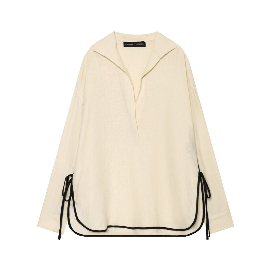 Ladies Wide Linen Look Pants with High Elastic Waistband, Contrast Piping and Leg Lacing Detail Mune Fashion