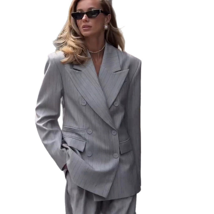 Women's Oversized Double-Breasted Blazer Set with Pinstripes and Wide Pleated Trousers Mune Fashion