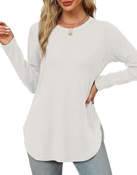 Women's Casual Long Sleeve Tunic Top with Round Neck, Side Slits and Watercolor Leaf Print Mune Fashion