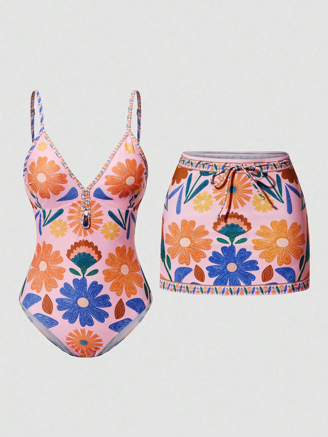 Ladies bikini set with floral design and matching skirt Mune Fashion