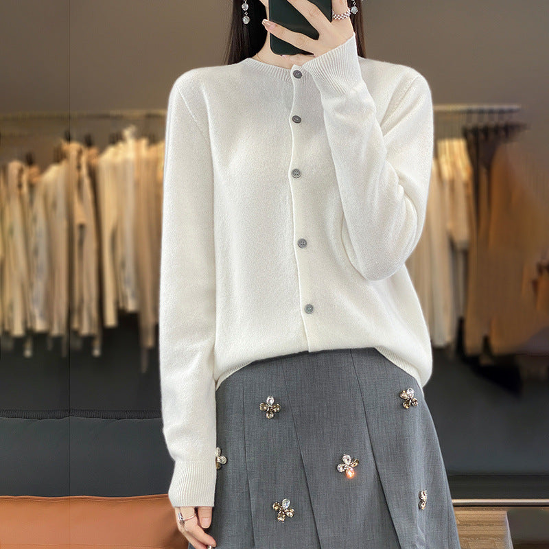 Women Lightweight Fine Knit Cardigan with Cashmere Look, Round Neckline and Hidden Button Placket Mune Fashion