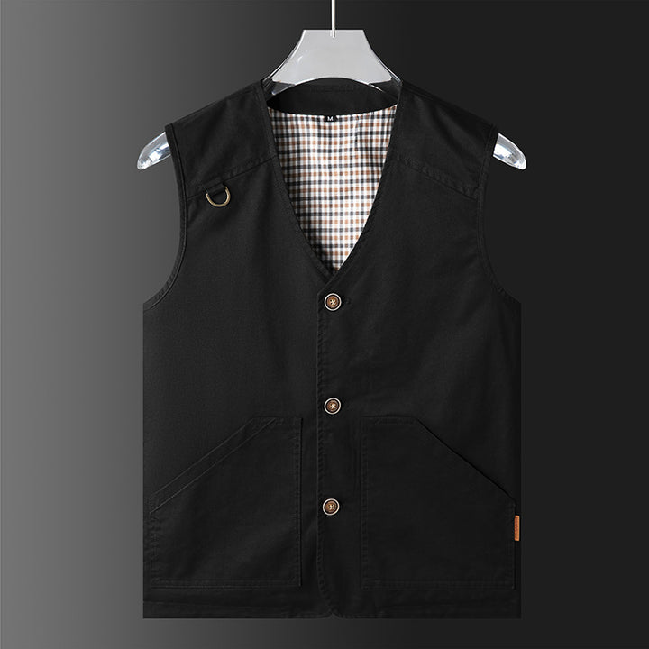 Men's Lightweight Cotton Canvas Vest with Checkered Lining, V-Neck and Large Front Pockets Mune Fashion