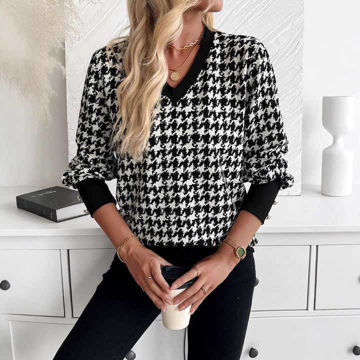Women's V-neck knitted pullover with houndstooth pattern and ribbed cuffs Mune Fashion