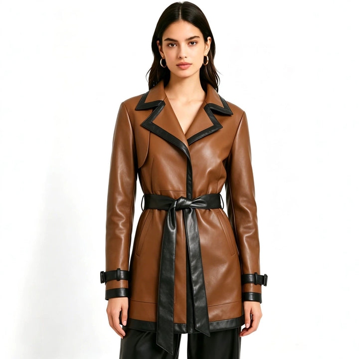 Women's Fashionable Faux Leather Trench Coat Mune Fashion