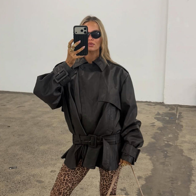 Ladies Oversize Leather Jacket with Tailoring Tie Belt and Ruffle Hem Mune Fashion