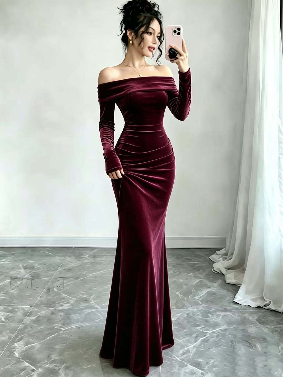 Women Long Velvet Evening Dress with Off-Shoulder Neckline and Deep Back Cutout Mune Fashion