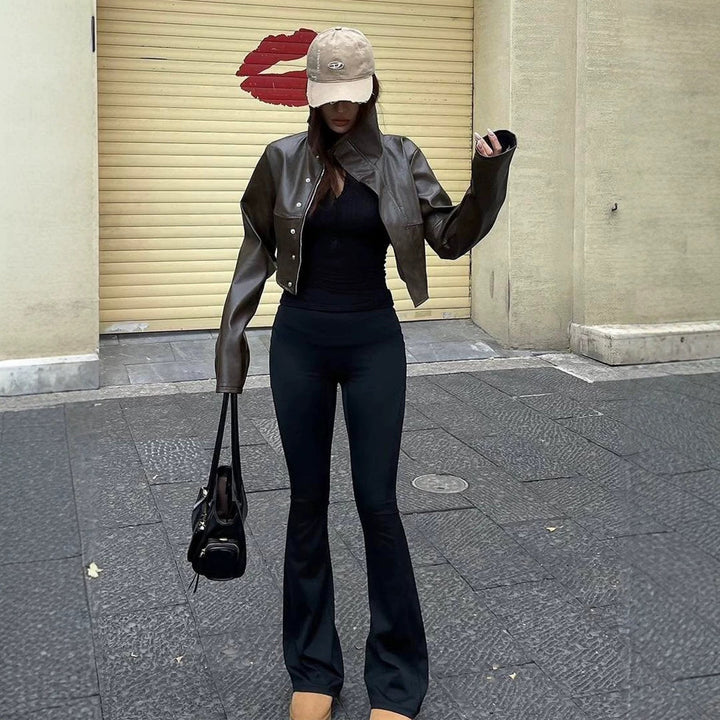 Women Cropped Faux Leather Corset Jacket with High Standing Collar and Extended Sleeves Mune Fashion