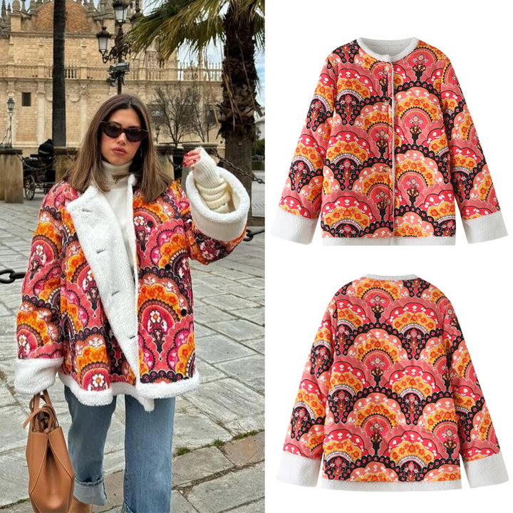 Women's quilted short jacket with teddy lining, round neck and button closure Mune Fashion