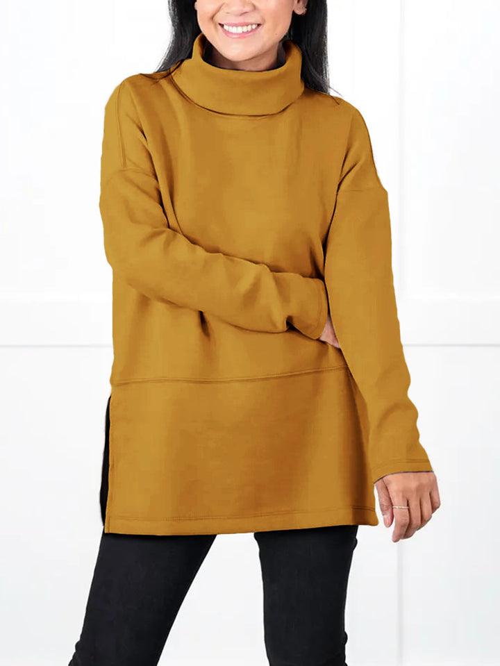 Women's Oversize Sweat Tunic with High Roll Neck, Side Slits and Extended Hem Mune Fashion