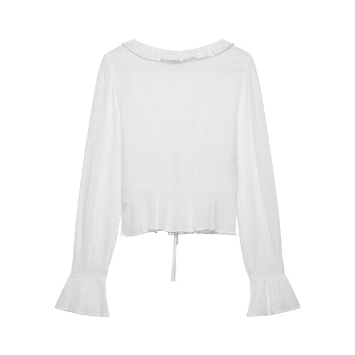 Women Romantic Lace Blouse with Deep V-Neck, Ruffles and Ties Mune Fashion