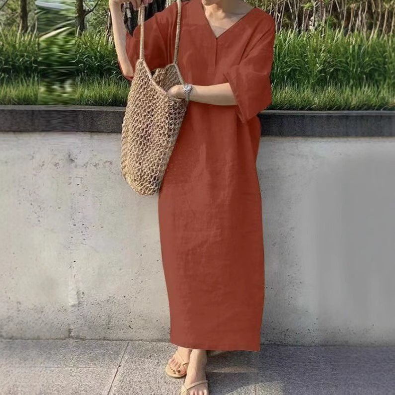 Women's Casual Linen Maxi Dress with V-Neck and Oversize Relax Fit