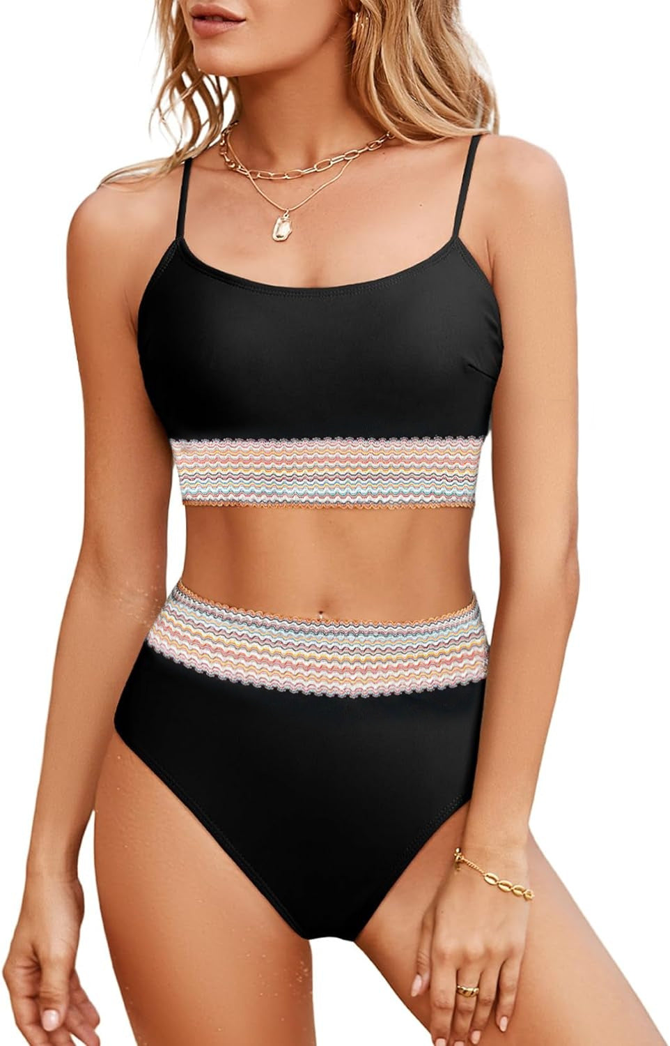 Women’s Sporty Bikini Set with High Waist and Colorful Wave Pattern Mune Fashion