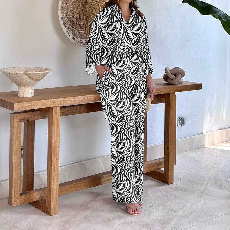 Women's Patterned Kimono Lounge Set with Wide Palazzo Pants made of Lightweight Viscose Mix Mune Fashion