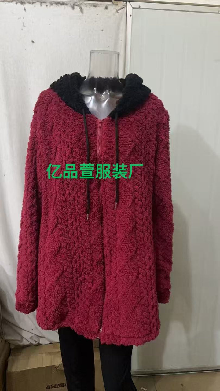Women's oversized teddy coat jacket with contrasting hood, zipper, and side pockets Mune Fashion
