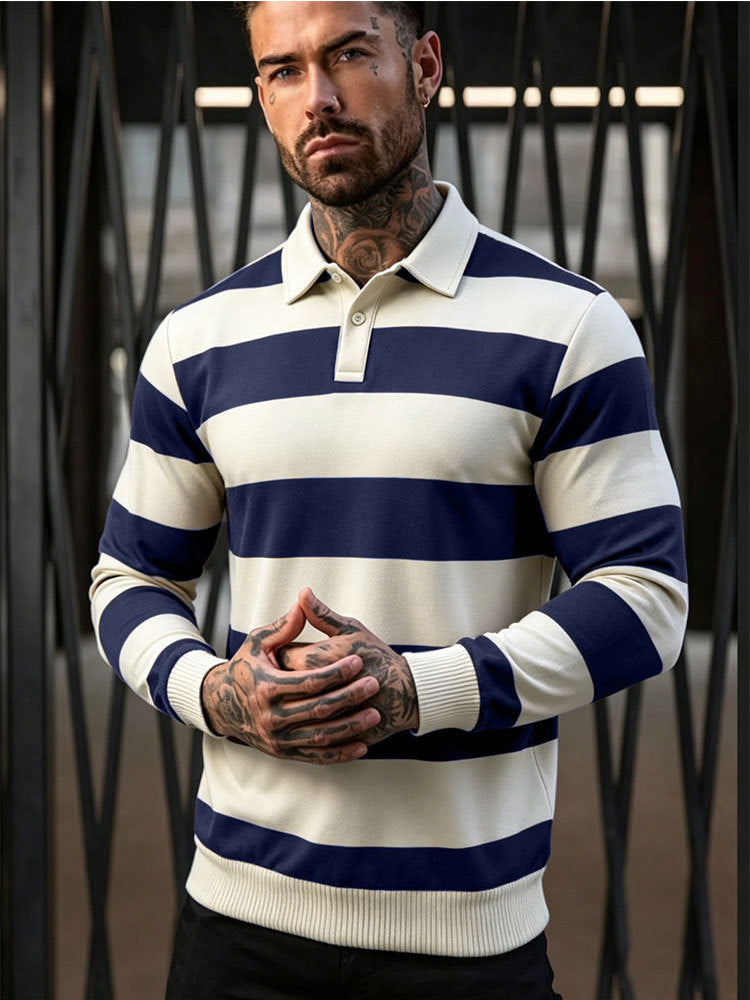 Men's striped rugby polo sweater with button placket and ribbed cuffs Mune Fashion