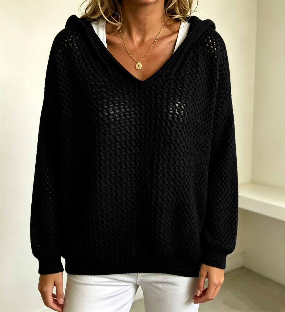 Women's Chunky Knit V-Neck Sweater with Hood and Lace Pattern Mune Fashion