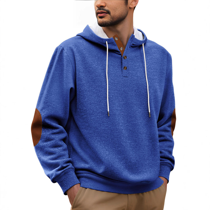 Men's hooded sweatshirt in a puristic leisure style with Henley button placket, contrasted hood interior, and elbow patches Mune Fashion