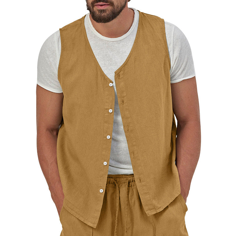 Men's casual sleeveless shirt waistcoat made of linen-cotton blend with V-neck and full button placket Mune Fashion