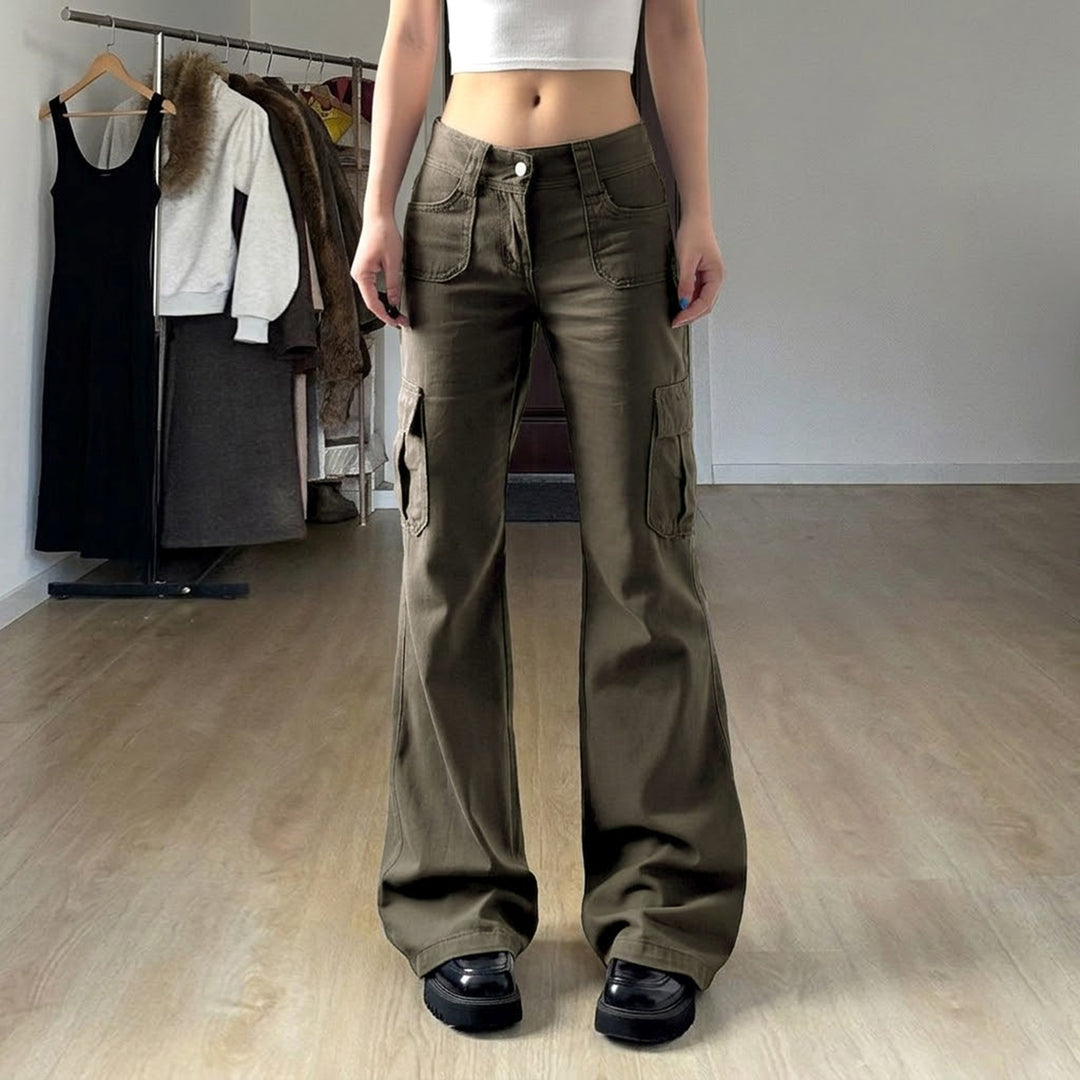 Women's Cargo Flares with High Waist, Flap Pockets and Wide Leg Mune Fashion