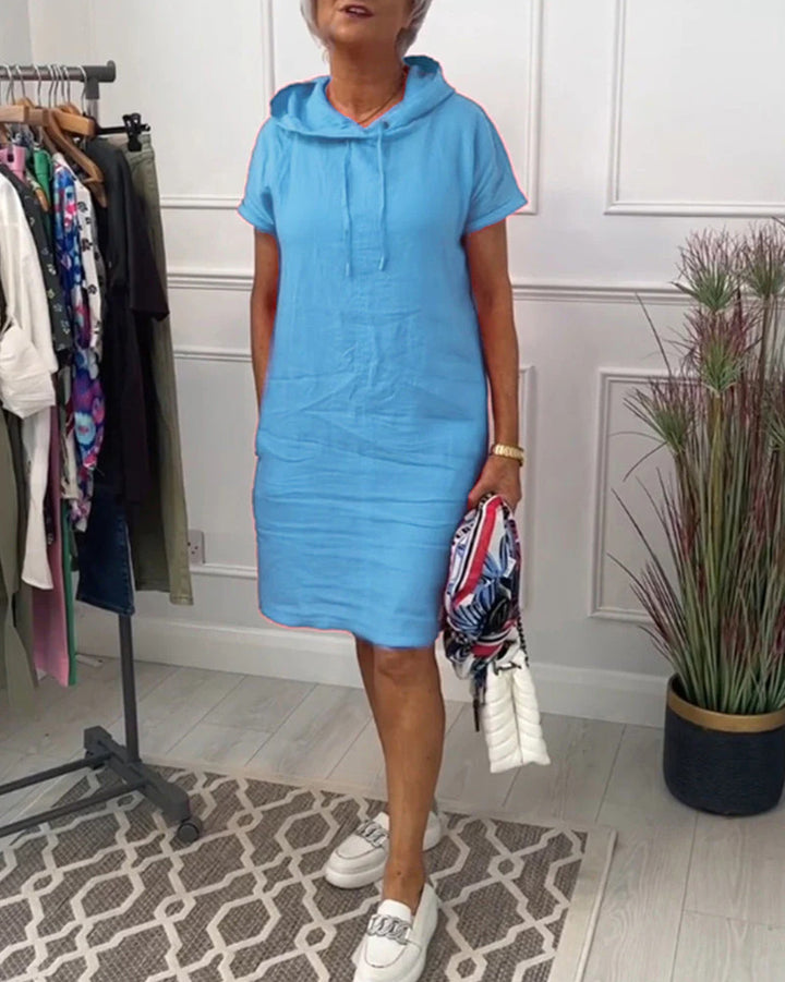 Women's casual hooded midi dress with short sleeves and straight relaxed fit Mune Fashion