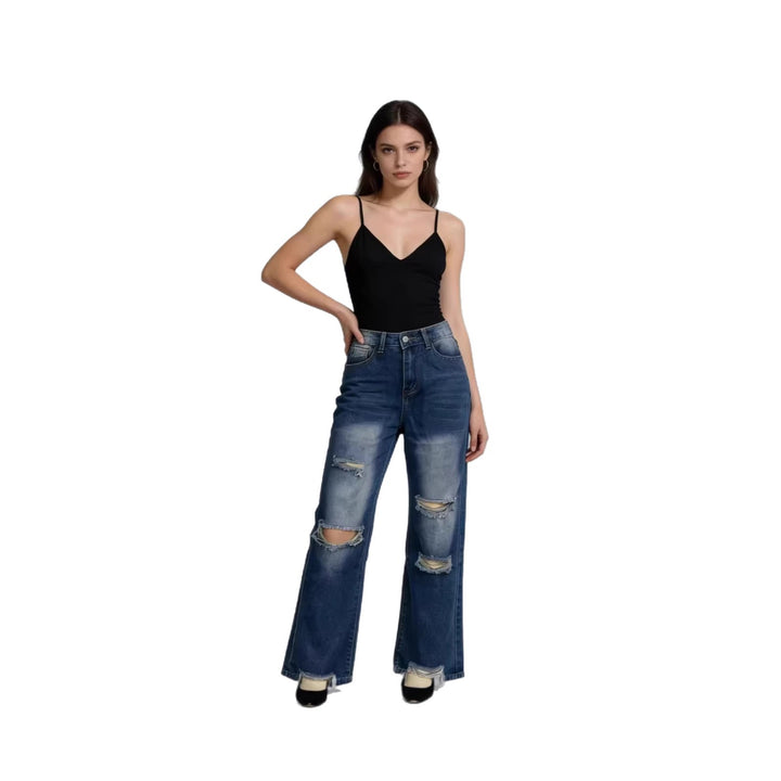 Women's high-cut relaxed jeans with wide leg, knee rips, and raw hem Mune Fashion