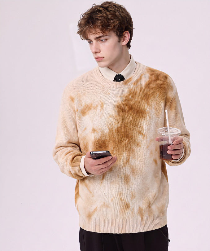 Men's Oversized Knit Sweater with Tie-Dye Look, Round Neck and Ribbed Cuffs Mune Fashion