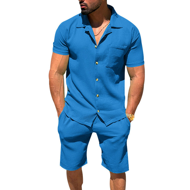 Men's casual two-piece leisure set made of ribbed jersey with shirt collar button placket and shorts Mune Fashion