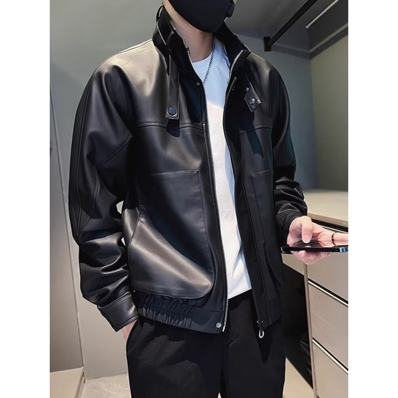 Men's biker-inspired faux leather bomber jacket with stand-up collar and elastic hem Mune Fashion