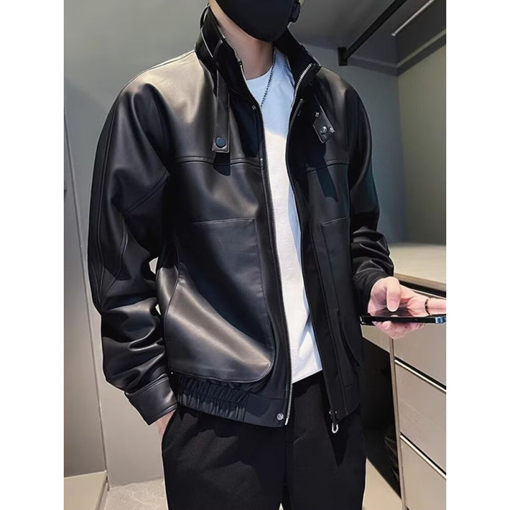Men's biker-inspired faux leather bomber jacket with stand-up collar and elastic hem Mune Fashion