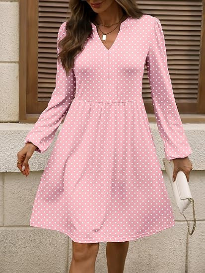 Women's Polka-Dot A-Line Dress with V-Neck and Waist Seam Mune Fashion
