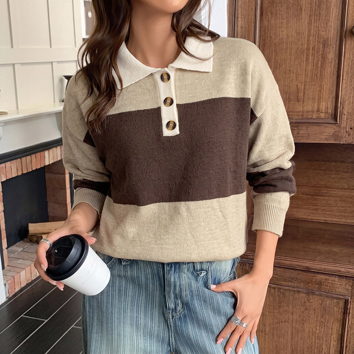Women's Fashionable Knit Sweater with Collar and Button Details Mune Fashion
