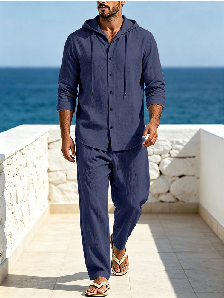 Men's Breathable Cotton Gauze Loungewear Set with Hooded Shirt and Loose Summer Pants Mune Fashion