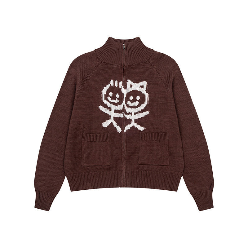 Women's chunky knit zip cardigan with stand-up collar, patch pockets and cartoon intarsia Mune Fashion