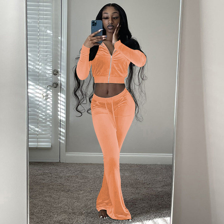 Women's Two-Piece Velvet Lounge Set with Cropped Zipper Hoodie and Flared Palazzo Pants EB