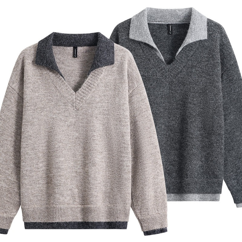 Men's Oversized Sweater with Contrasting Collar, V-Neck and Soft Fleece Lining Mune Fashion