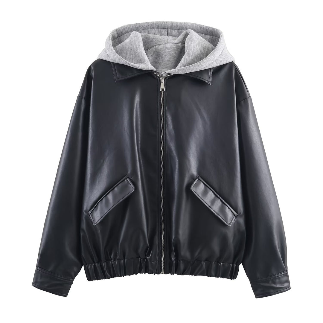 Women's Faux Leather Bomber Jacket with Contrasting Hood in Sweatstyle and Elastic Hem Mune Fashion