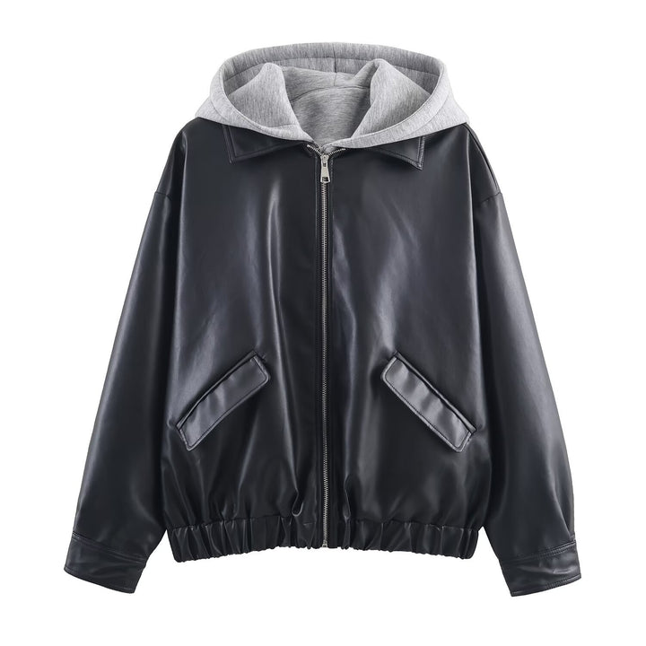 Women's Faux Leather Bomber Jacket with Contrasting Hood in Sweatstyle and Elastic Hem Mune Fashion