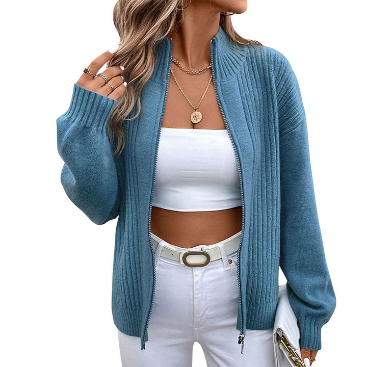 Ladies Elegant Cardigan with Stand-up Collar and Zipper Mune Fashion
