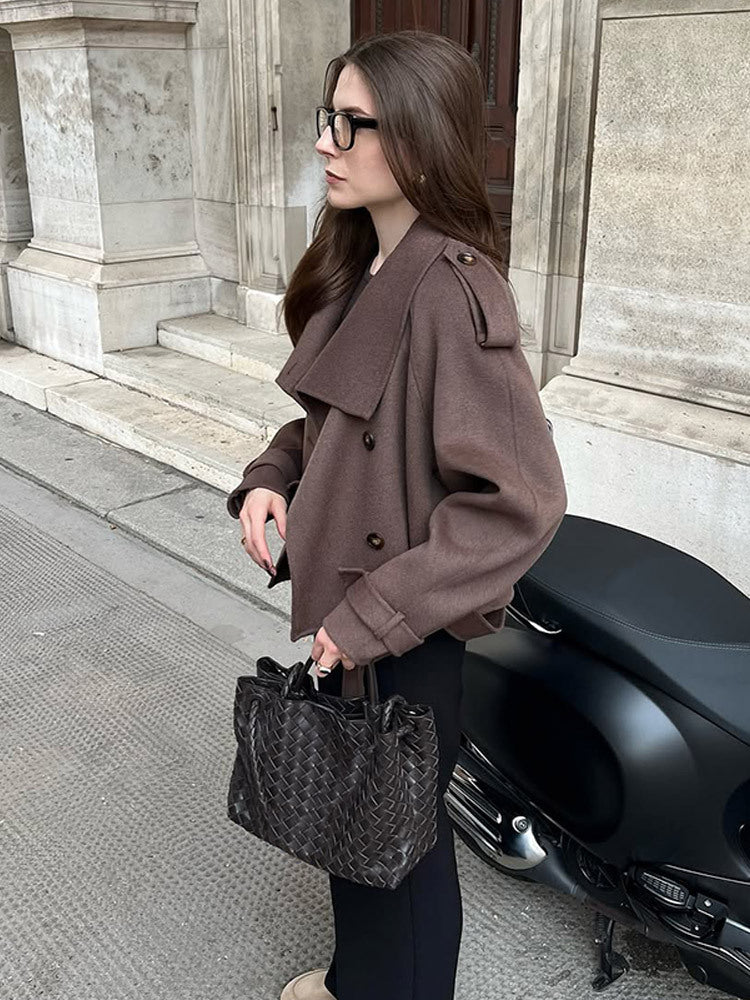 Women's Short Double-Breasted Wool Blend Peacoat with Dropped Shoulders and Epaulettes Mune Fashion