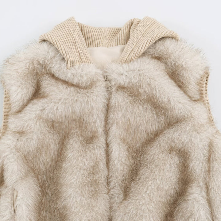 Women Faux Fur Vest with Zipper, Ribbed Collar and Elastic Cuffs Mune Fashion