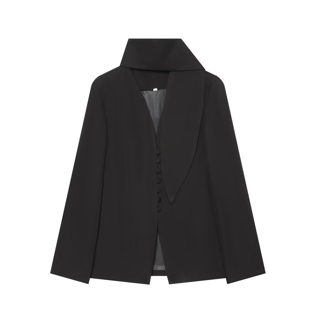 Women's Elegant Longline Blazer with High Funnel Collar and Overlapping Fabric Buttons Mune Fashion