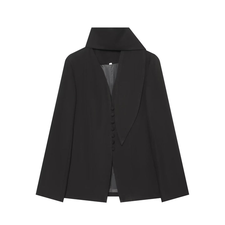 Women's Elegant Longline Blazer with High Funnel Collar and Overlapping Fabric Buttons Mune Fashion