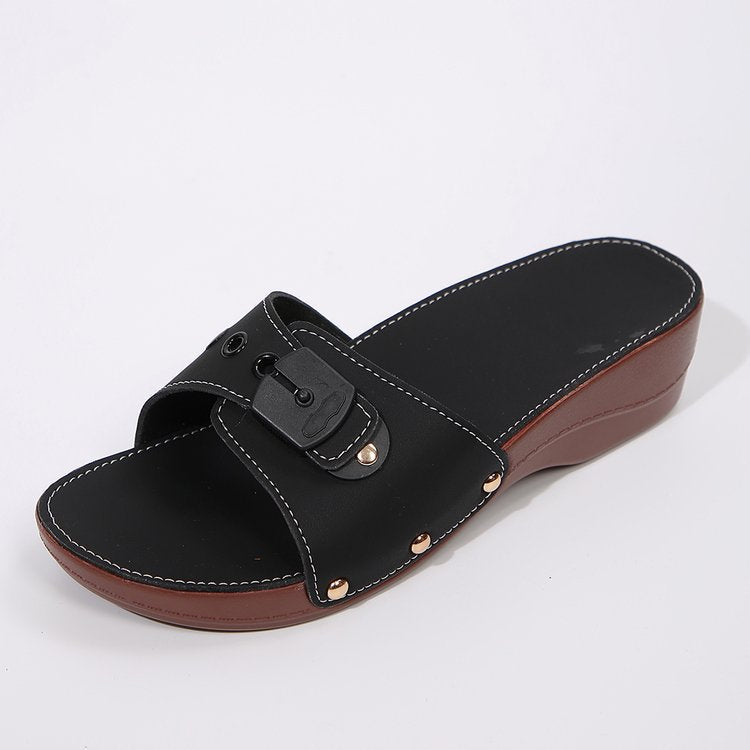 Women slip-on sandals with cushioned comfort footbed, decorative buckle and lightweight wedge sole Mune Fashion