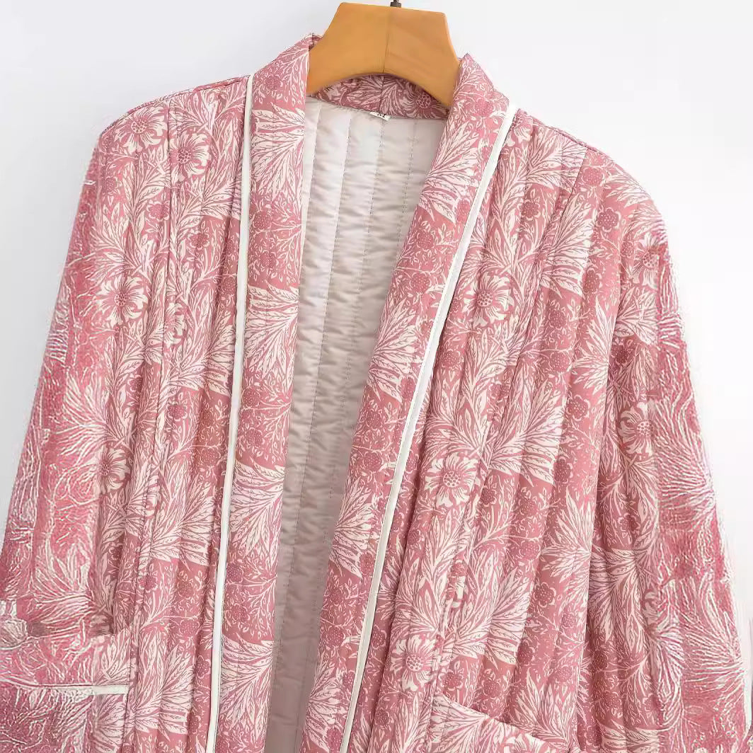 Women Light Quilted Jacket in Kimono Style with Floral Block Print and Contrast Piping Mune Fashion