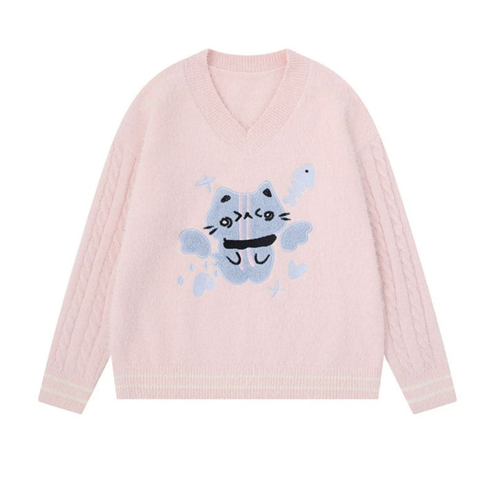Women's V-neck knitted sweater with cable sleeves and chenille cat motif Mune Fashion