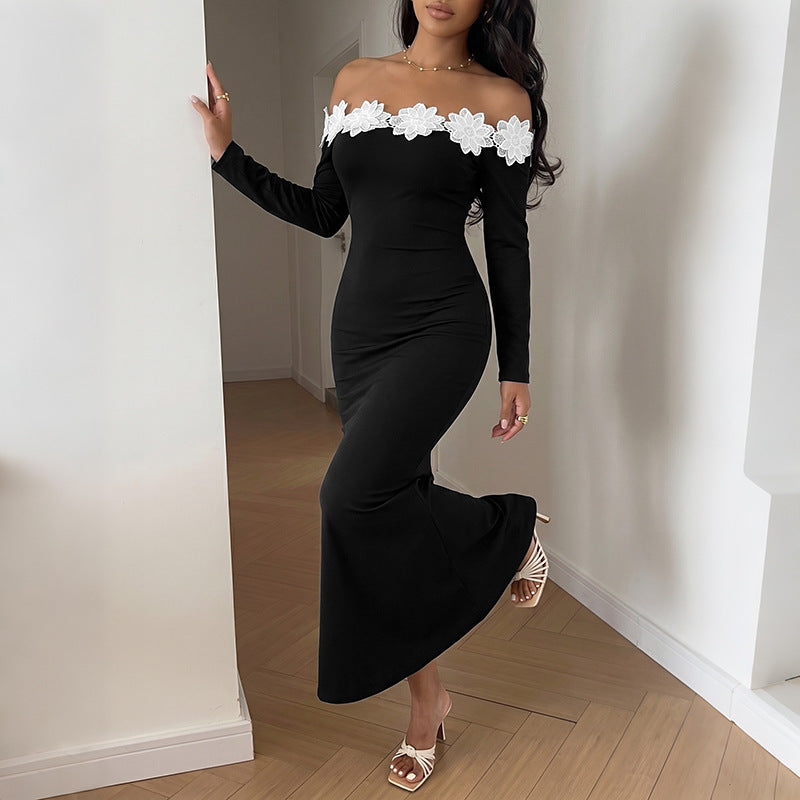 Women Elegant Off-Shoulder Maxi Dress with Lace Inserts Mune Fashion