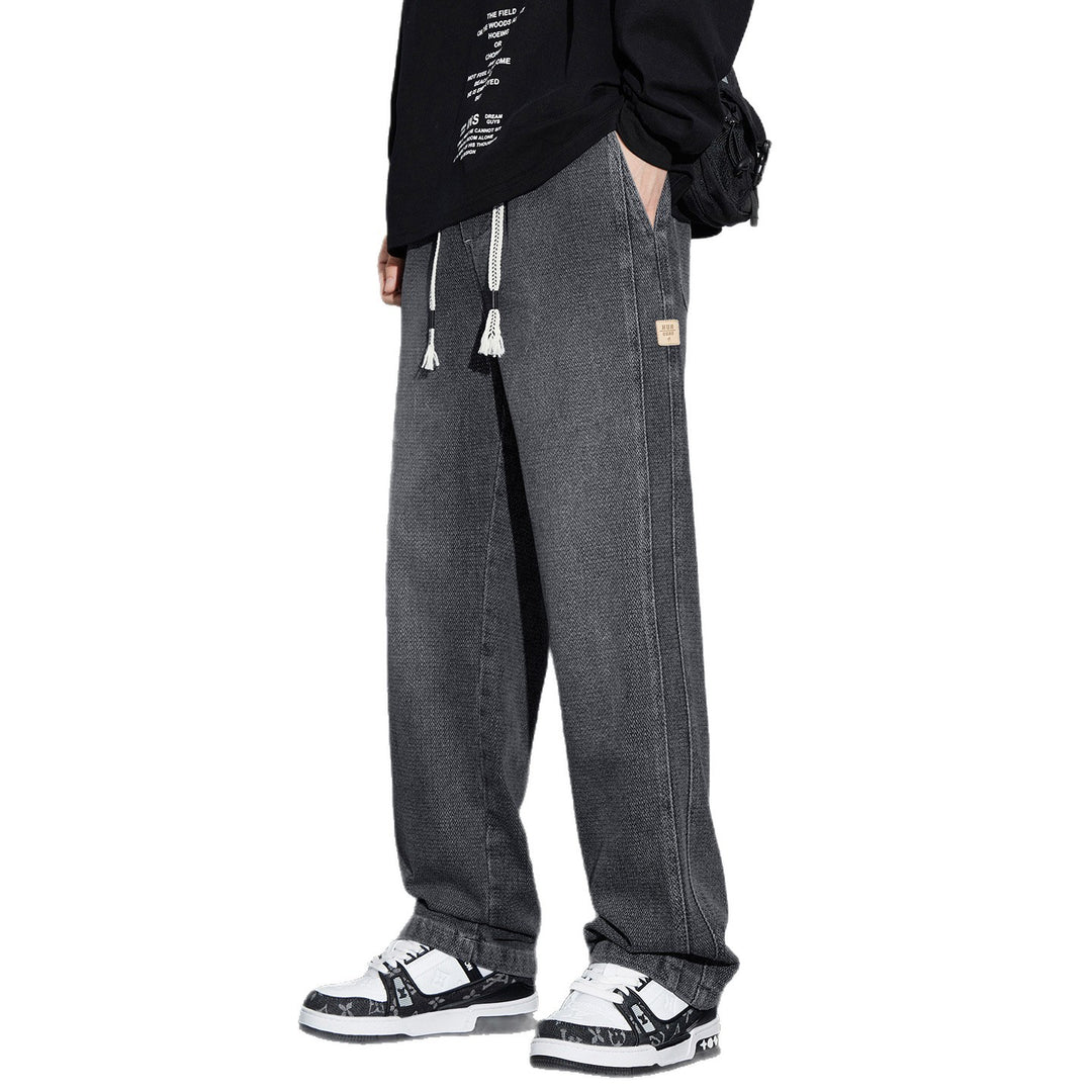 Men's Wide Denim Jogging Pants with Woven Drawstring and Herringbone Texture Mune Fashion